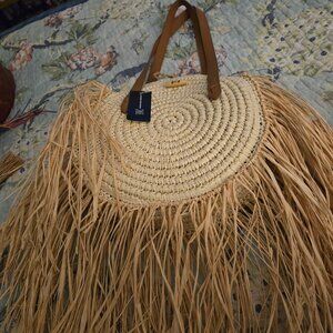 INC International Concepts Melania Straw Fringe Circle Tote Handbag